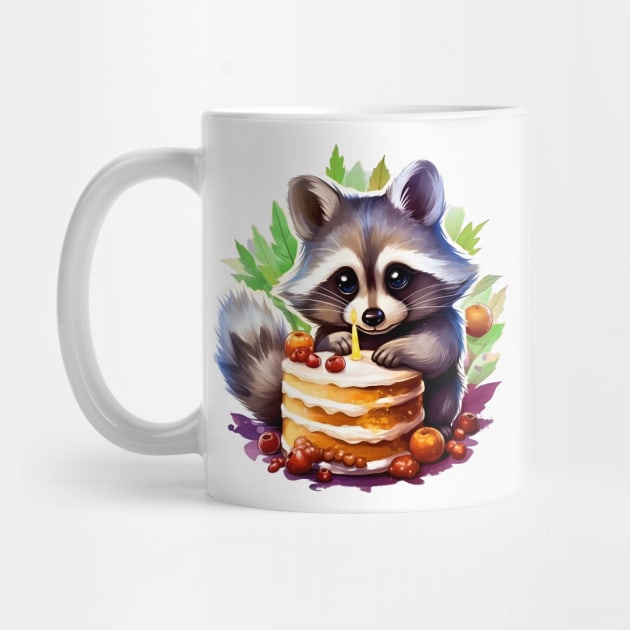 Summer and Spring Happy birthday Raccoon with a birthday cake by beangeerie